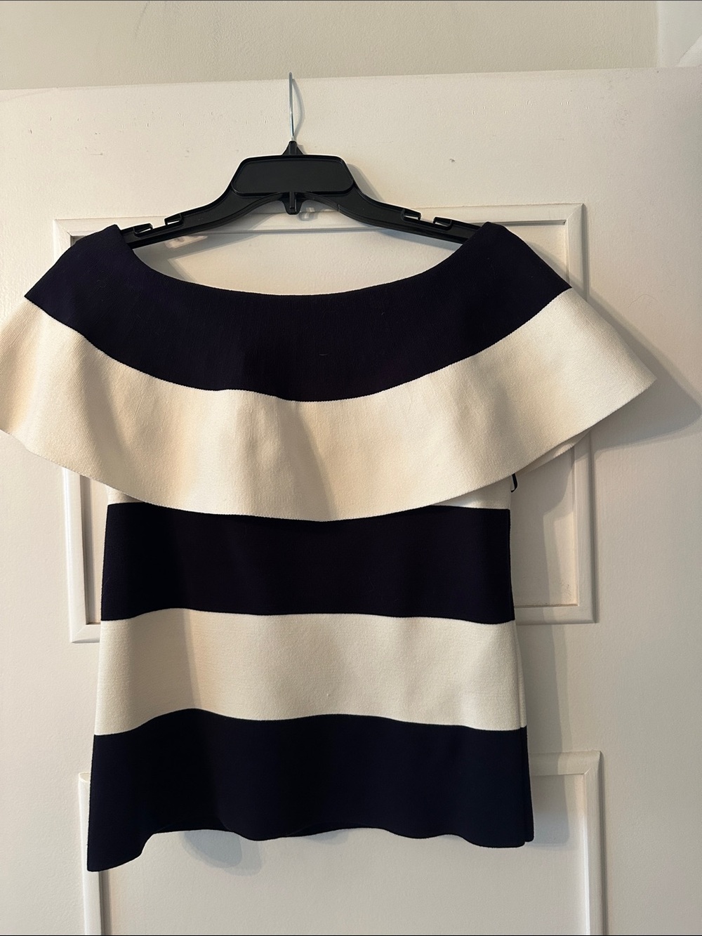 Ann Taylor Off-Shoulder Navy and White Striped Top